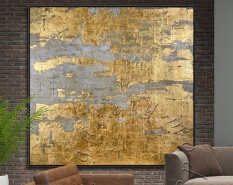 Large Gold Leaf Abstract Painting: Modern Framed Canvas Art