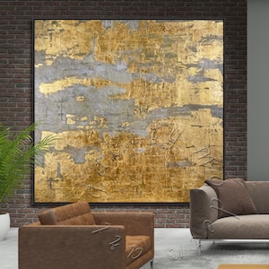 Groot abstract schilderij met bladgoud: moderne ingelijste canvaskunst