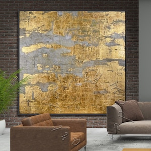 Large Abstract Painting Gold Leaf Original Oversize Canvas, Framed Abstract Art, Modern Wall Art Contemporary Decor Elegant Gold Leaf Canvas