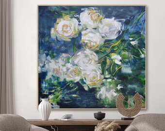 Large Abstract Roses Painting: Original Floral Oil & Acrylic on Canvas