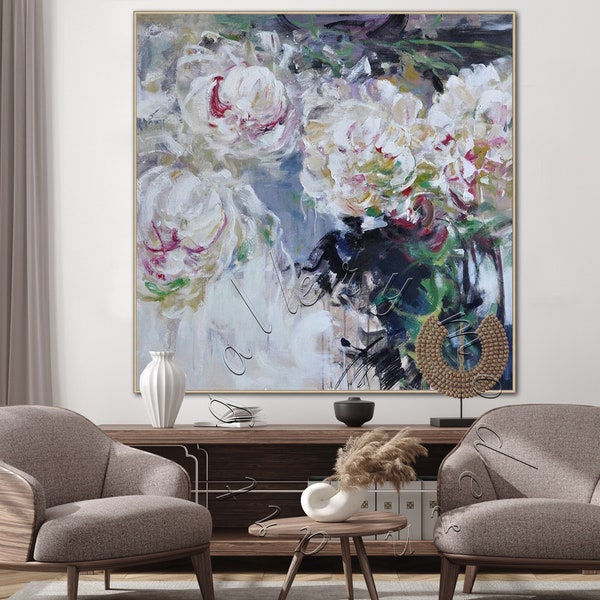 Abstract Flowers Original Painting, Oversize Canvas, Extra Large Abstract White Floral Painting, Contemporary Decor Elegant Modern Wall Art,