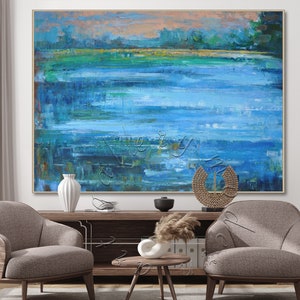 Framed Abstract Seascape Painting: Textured Palette Knife Art