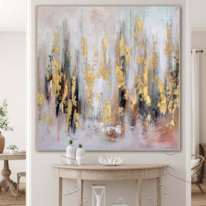Abstract schilderij bladgoud: grote originele canvaskunst met structuur