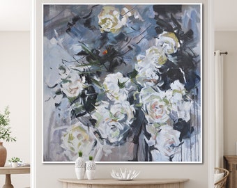 Abstract Roses Painting: Large Framed Floral Canvas Art