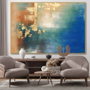 Groot abstract schilderij met bladgoud: ingelijste moderne canvaskunst