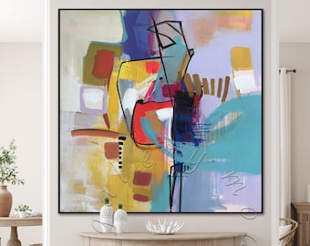 Puede incluir: Pintura abstracta con formas y líneas audaces y coloridas en tonos de amarillo, rojo, azul y morado. La pintura tiene un estilo moderno y contemporáneo.