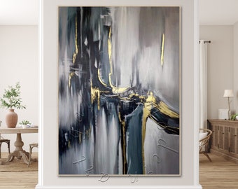 Large Abstract Painting Original Gold Leaf Painting, Oversize Canvas, Framed Modern Wall Art Contemporary Decor, Abstract Black Gold Canvas