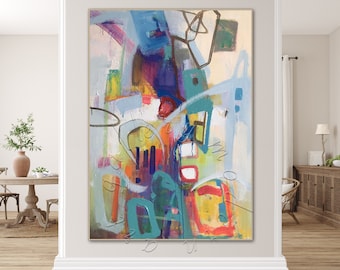 Large Abstract Painting Original Oversize Canvas, Framed Colorful Acrylic Abstract Painting, Modern Wall Art Contemporary Decor Abstract Art