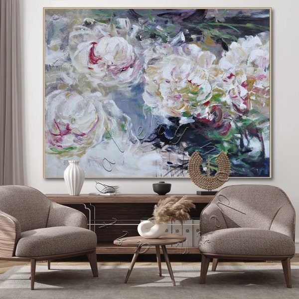 Abstract Flowers on Canvas, Original Framed Modern Wall Art, Oversize Canvas, Large Abstract Floral, Contemporary Decor