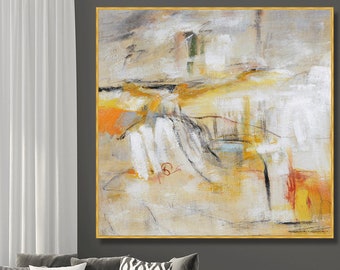 Large Abstract Original Painting, Framed Modern Oversize Canvas, Soft Colors, Contemporary Decor, Abstract Original Acrylic Painting Orange