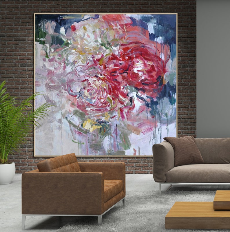 May include: Abstract painting featuring a large bouquet of pink, red, and white flowers with a white background. The painting has a textured, brushstroke effect.