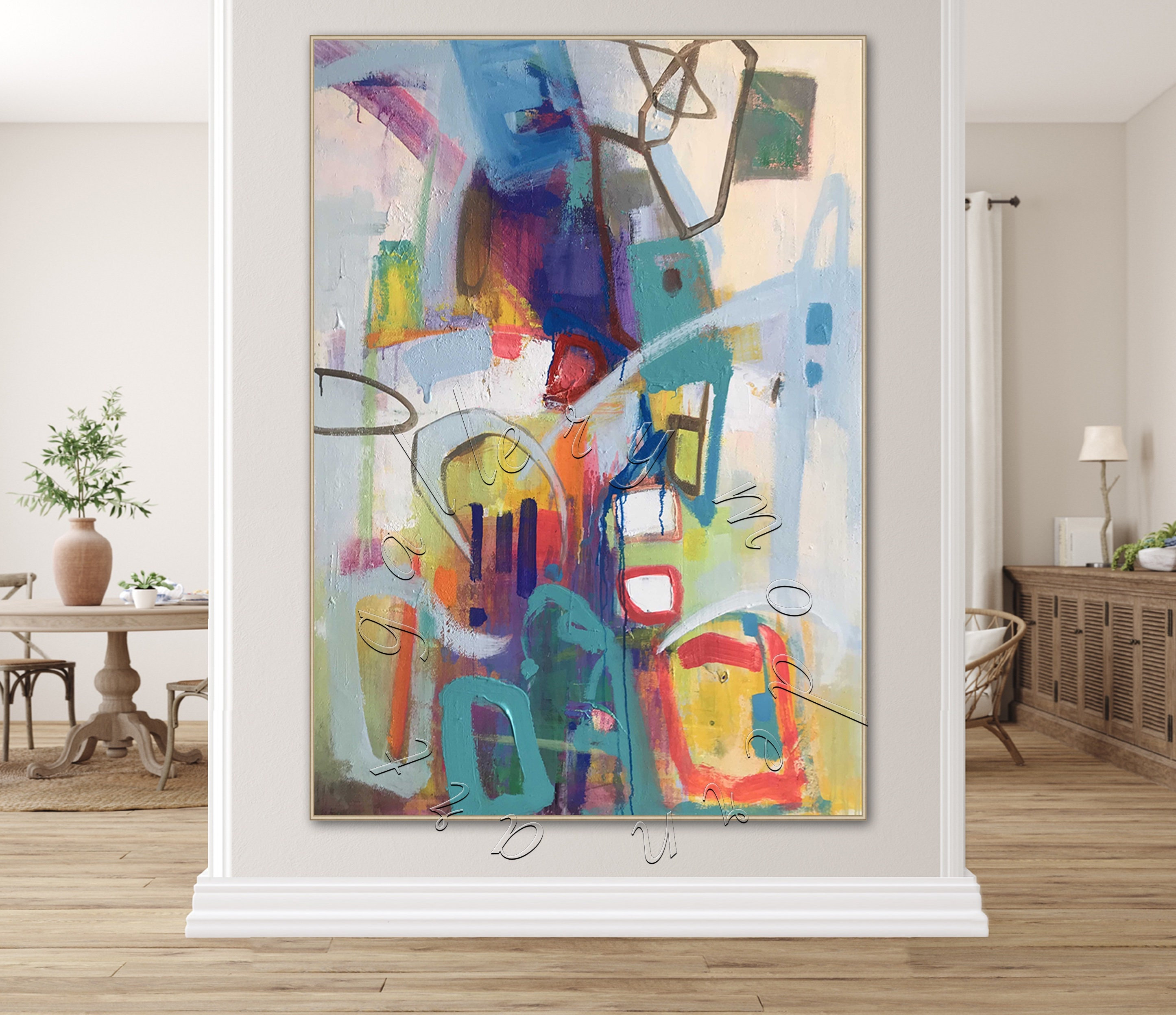 Large Colorful Abstract Painting: Framed Modern Canvas Art