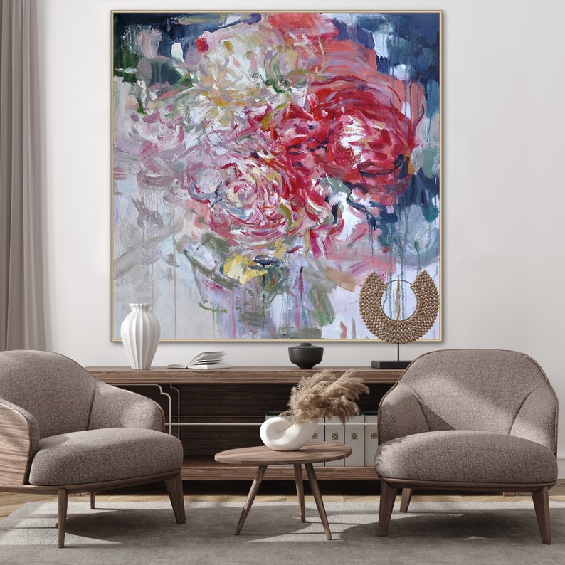May include: Abstract painting featuring a large cluster of pink, red, and white flowers with a textured brushstroke effect. The background is a light gray with hints of blue and green.