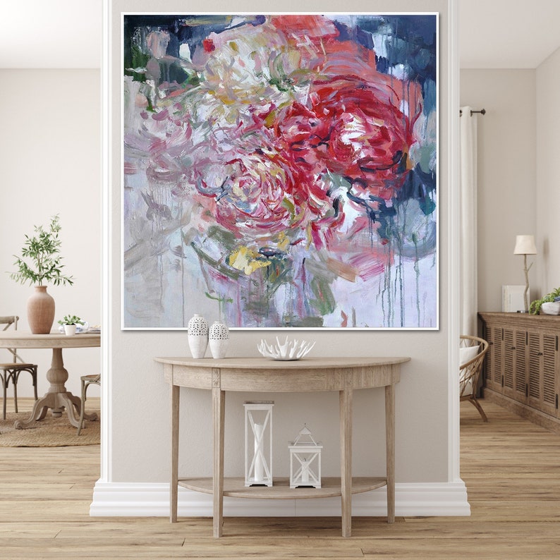 May include: Abstract painting of a bouquet of pink, red, and white flowers with green leaves on a white background.