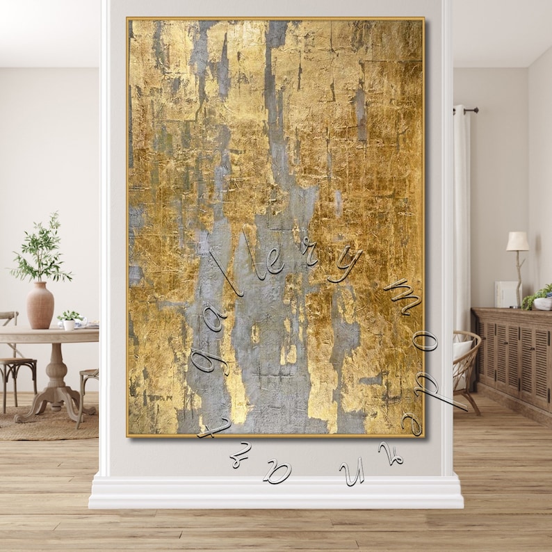 Large Abstract Painting Gold Leaf Original Oversize Canvas Etsy
