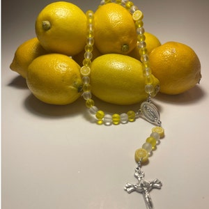 Lemon Rosary, Yellow Catholic Rosary, Rosary for Car, Handmade, Unique, Catholic Gift, Fruit Lemon Rosary, Mother Mary, Modern Prayer Beads