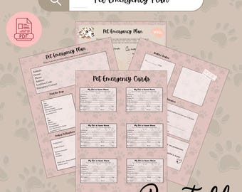 May include: A printable pet emergency plan with forms and cards. The forms include sections for animal information, emergency contacts, and instructions. The text "Pet Emergency Plan" and "Printable" are visible.