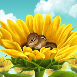 Chipmunk in a Sunflower - Luster Art Print || Cute Wall Art, Animal Home Decor, Flower Poster