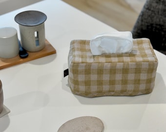 Yellow Gingham Linen Tissue Box Cover - Natural Linen Fabric