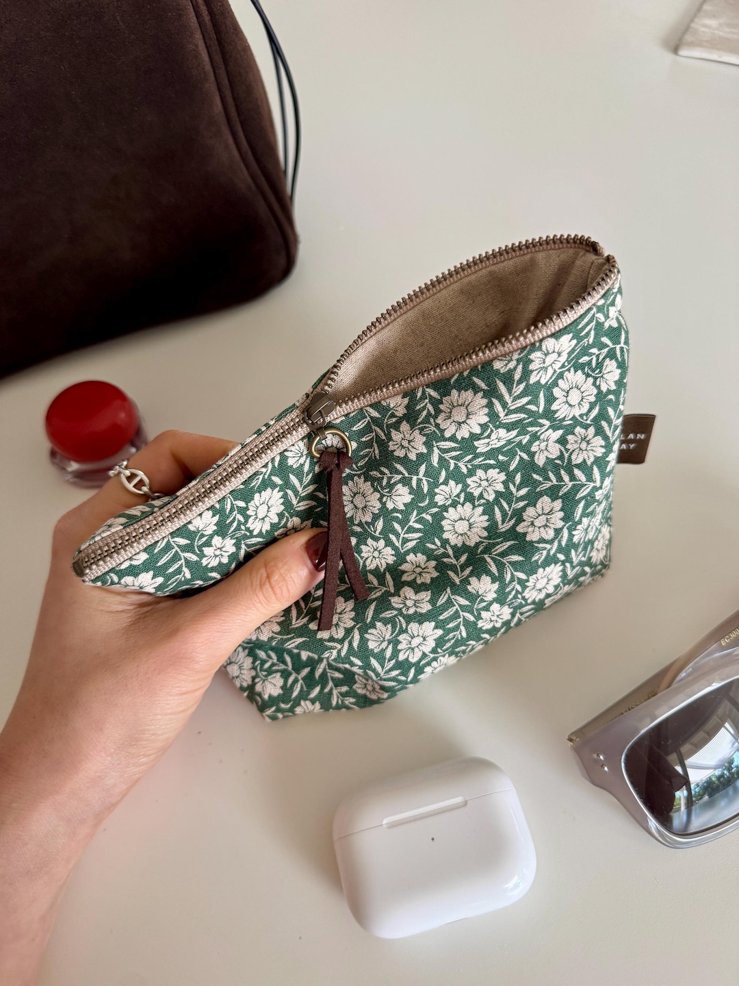 Green Floral Linen Zipper Pouch | Minimalist Makeup Bag, Travel ...