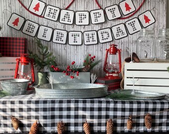 Black and White Buffalo Plaid Happy Birthday Banner | Buffalo Check Birthday Decor | Black and White Birthday Decor | Farmhouse Birthday