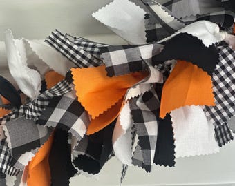 Black, Orange and White Farmhouse Garland | Farmhouse Fabric Banner | Fall Plaid Farmhouse Decor | Black Gingham Decor | Hallowoon Decor