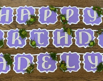 Enchanted Forest Birthday Banner in Purple | Fairy Birthday Banner | Moss Covered | Banner with Succulents | Enchanted Forest Decor