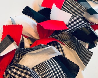 Black and White Farmhouse Garland , Farmhouse Fabric Banner, Buffalo Plaid Farmhouse Decor, Black, White and Red Gingham Decor, Gingham Swag