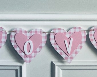 LOVE Buffalo Check Valentines Day Banner, Pink and White Banner, Farmhouse Valentines Day Banner, Valentines Mantle Decor, Gingham decor