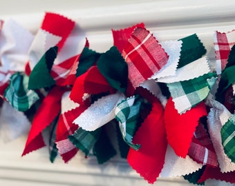 Christmas Rag Tie Garland, Christmas Home Decor, Christmas Garland, Farmhouse Swag, Decor, Christmas Fabric Garland, Green Plaid Garland