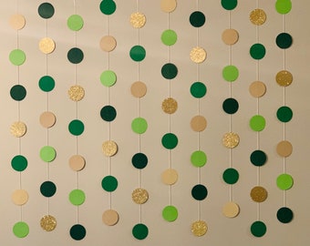 Safari Party Decor, Jungle Party Garland, Wild and Three Party Decor, Gold and Green Hanging Dot Garland, Tropical Party Decor