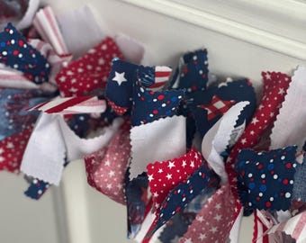 Stars and Stripes Banner, Patriotic Rag Tie Garland, Fourth of July Rag Tie Garland, Patriotic Farmhouse Mantle Decor, 4th of July Banner