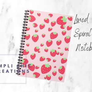 Cute Strawberry Pattern Lined Spiral Journal - 118 Single Paged Stylish Hard Cover Notebook Gift - Journals For Friend, Her, GF, BFF, Family