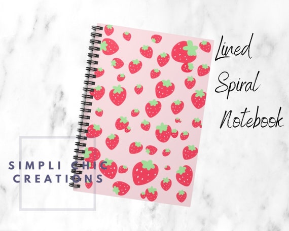 Cute Strawberry Pattern Lined Spiral Journal - 118 Single Paged Stylish Hard Cover Notebook Gift - Journals For Friend, Her, GF, BFF, Family