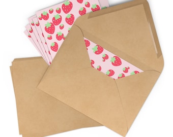 Cute Food Strawberry Fruit Patterned Pink Post Cards - 15cm x 10cm 7 Piece Matte Finish Postcard Greeting Card Set With Envelopes Included