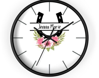 Personalized Horse Shoe Kitchen Wall Clock, Custom Name Horseshoe Home Decor Clock, Personalizable Girls Bedroom Clock, Baby Girl Nursery