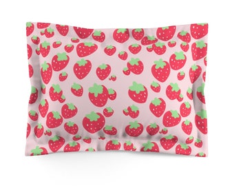 Cute Microfiber Pillow Sham - Kawaii Food Strawberry Fruit Patterned Pillow Case Covers With Cream Back Side - Home And Living Bedroom Décor