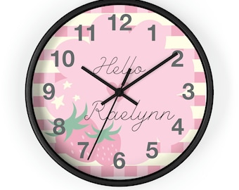 Cute Personalized Hello Soft Pink Strawberry Wall Clock, Kawaii Custom Name Newborn Welcome Baby Nursery Room Bedroom Home Decor Clock