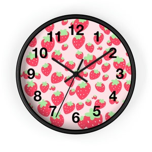 Customizable Cute Strawberry Wall Clock, Yummy Kawaii Strawberries Home Decor, Add a Custom Name, Mix and Match Clock Base and Hands Color
