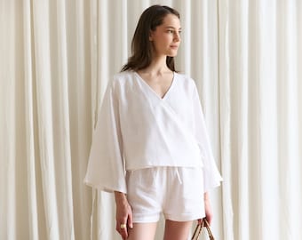 Conjunto de lino blanco roto, camisa de verano y pantalones cortos