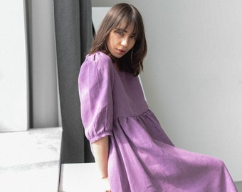 Summer linen dress, light and natural dress in lavender color for women