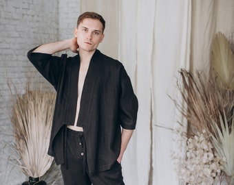 Pigiama Kimono Uomo In Misto Cotone-lino, Accappatoio Nero, Vestaglia Leggera Con Allacciatura - Foto 2