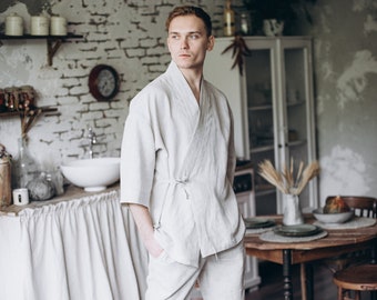 Herren Softened Linen Kimono und Hosen Set, Natur Melange
