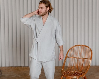 Linen Kimono and pants for men, comfortable blue pants for men, softened linen for home, robe for home, vacation clothes, yoga clothes