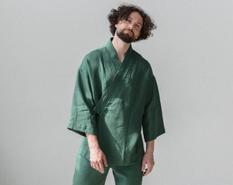 Ensemble kimono et pantalon en lin pour homme, peignoir en lin vert adouci
