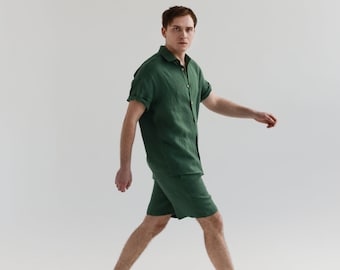 Men's Linen Set, Forest Green Shirt and Shorts