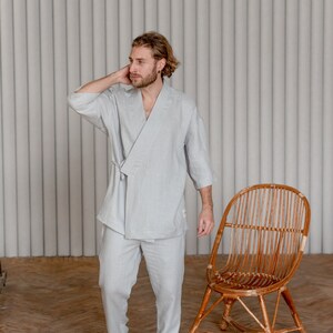 Lniane kimono i spodnie dla mężczyzn, wygodne niebieskie spodnie dla mężczyzn, zmiękczony len do domu, szlafrok do domu, ubrania wakacyjne, ubrania do jogi