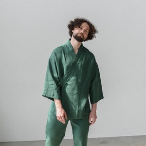 Linen Kimono and pants for men, comfortable green pants for men, softened linen for home, shirt robe image 1