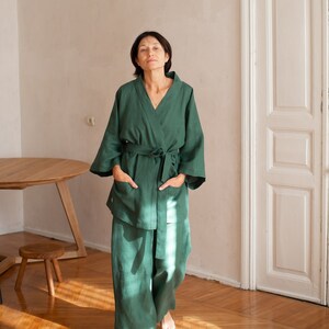 Comfortable linen set for women.Kimono and culottes.Oversized Culottes .Plus Size Pants. Pajamas for home. European linen. Washed flex image 2