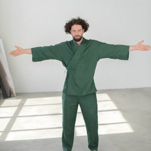 Linen Kimono and pants for men, comfortable green pants for men, softened linen for home, shirt robe image 5